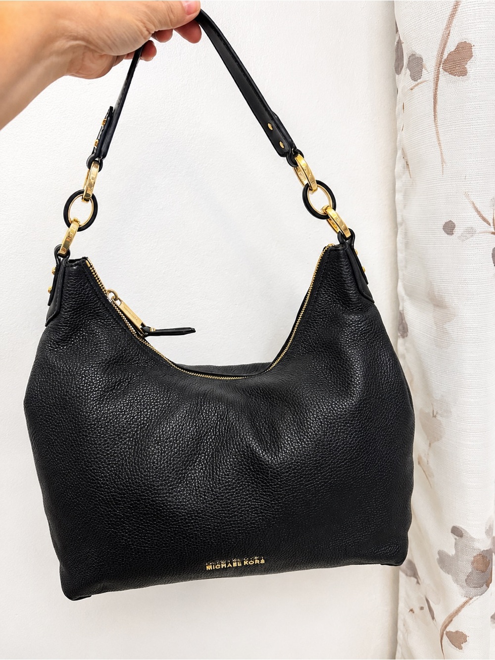 Michael Kors Black Pebbled Leather Shoulder Bag with Gold Hardware